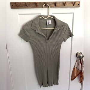 H&M Ribbed Knit Collared Mini Dress - Sage